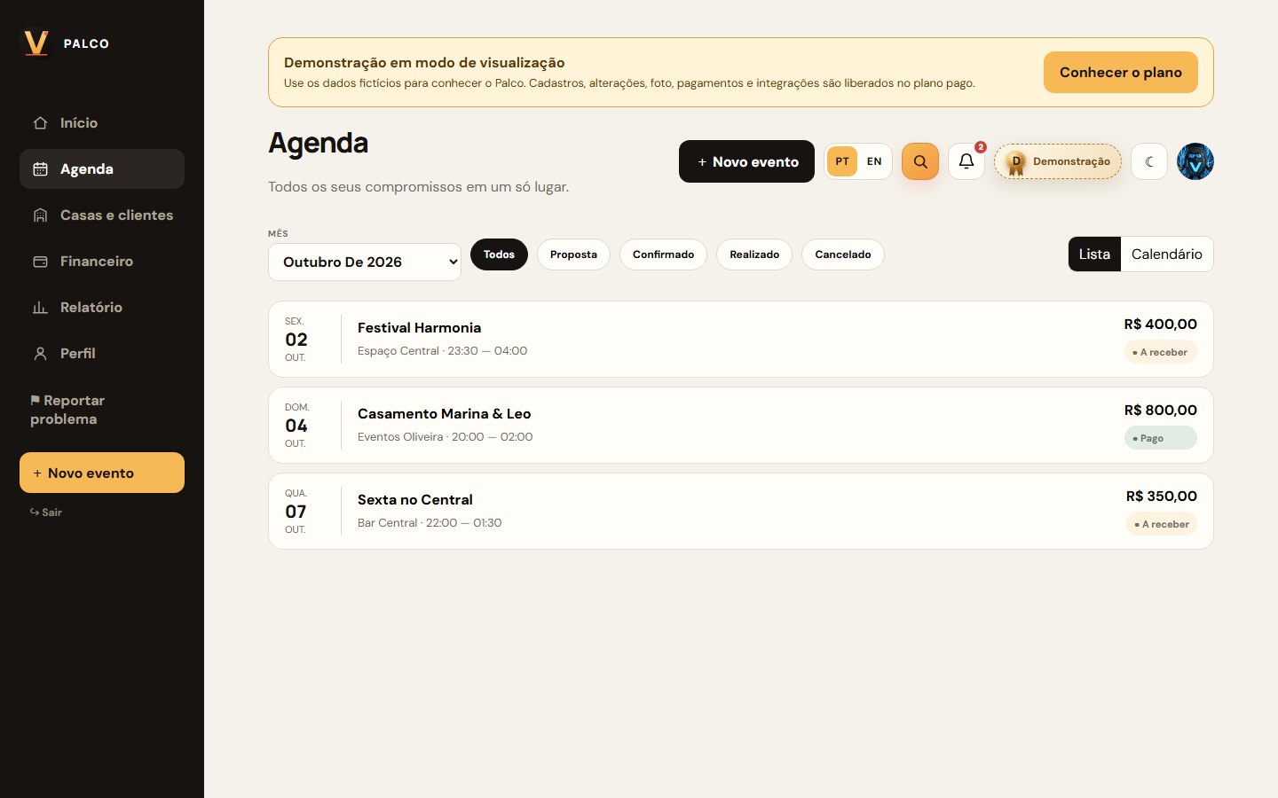 Tela Agenda da demonstração do ViraFrame Palco