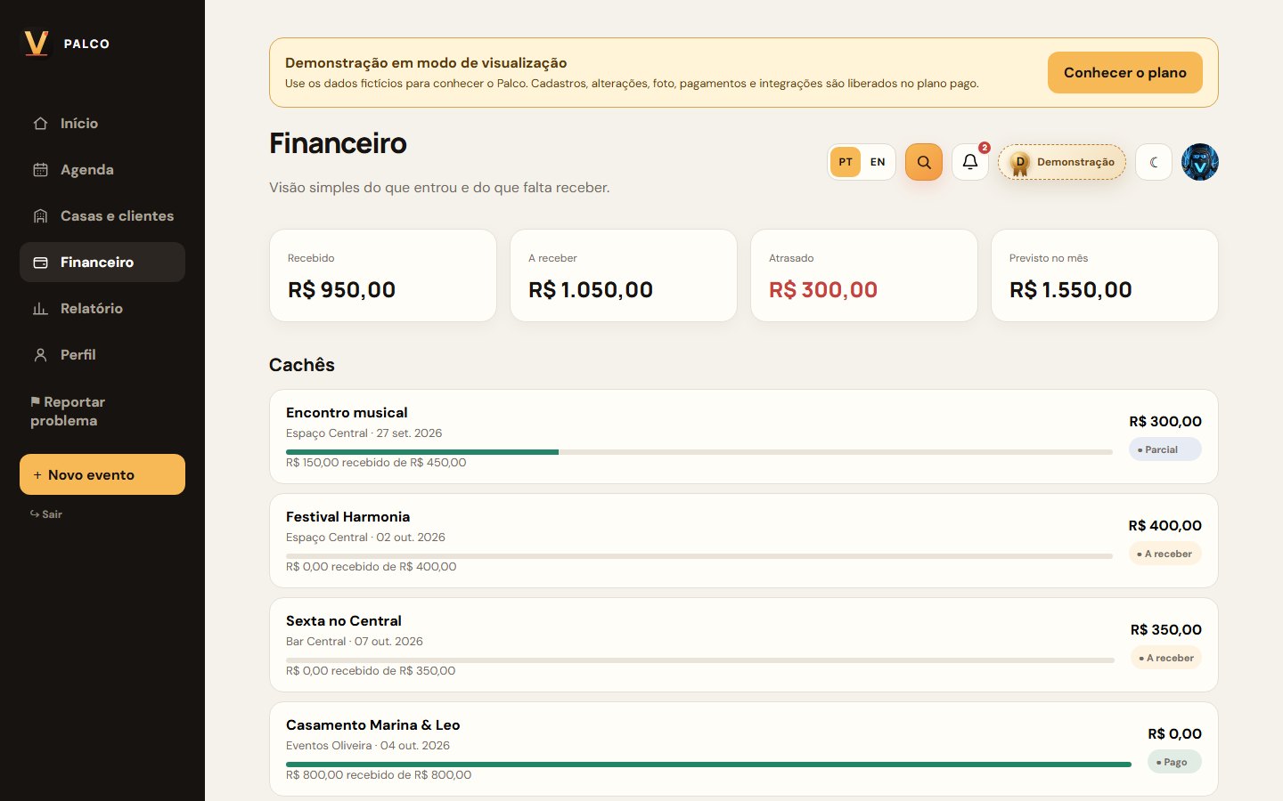 Tela Financeiro da demonstração do ViraFrame Palco