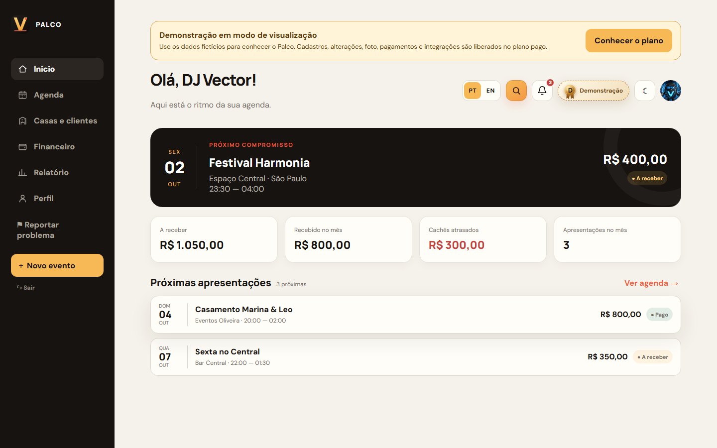 Tela Início da demonstração do ViraFrame Palco