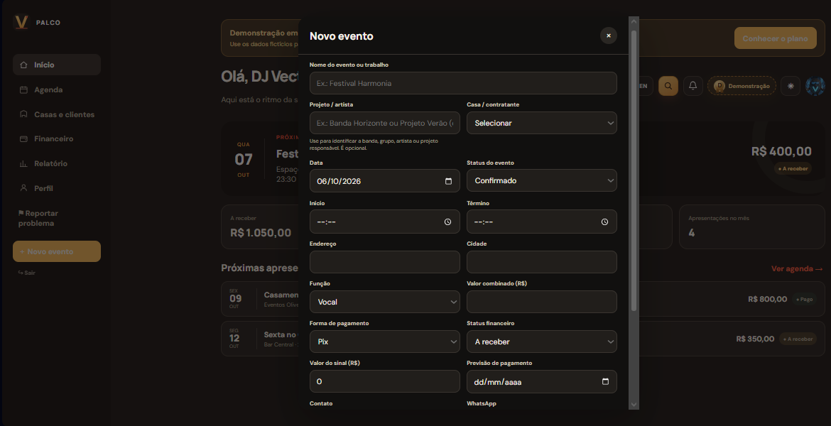 Tela Novo evento da demonstração do ViraFrame Palco