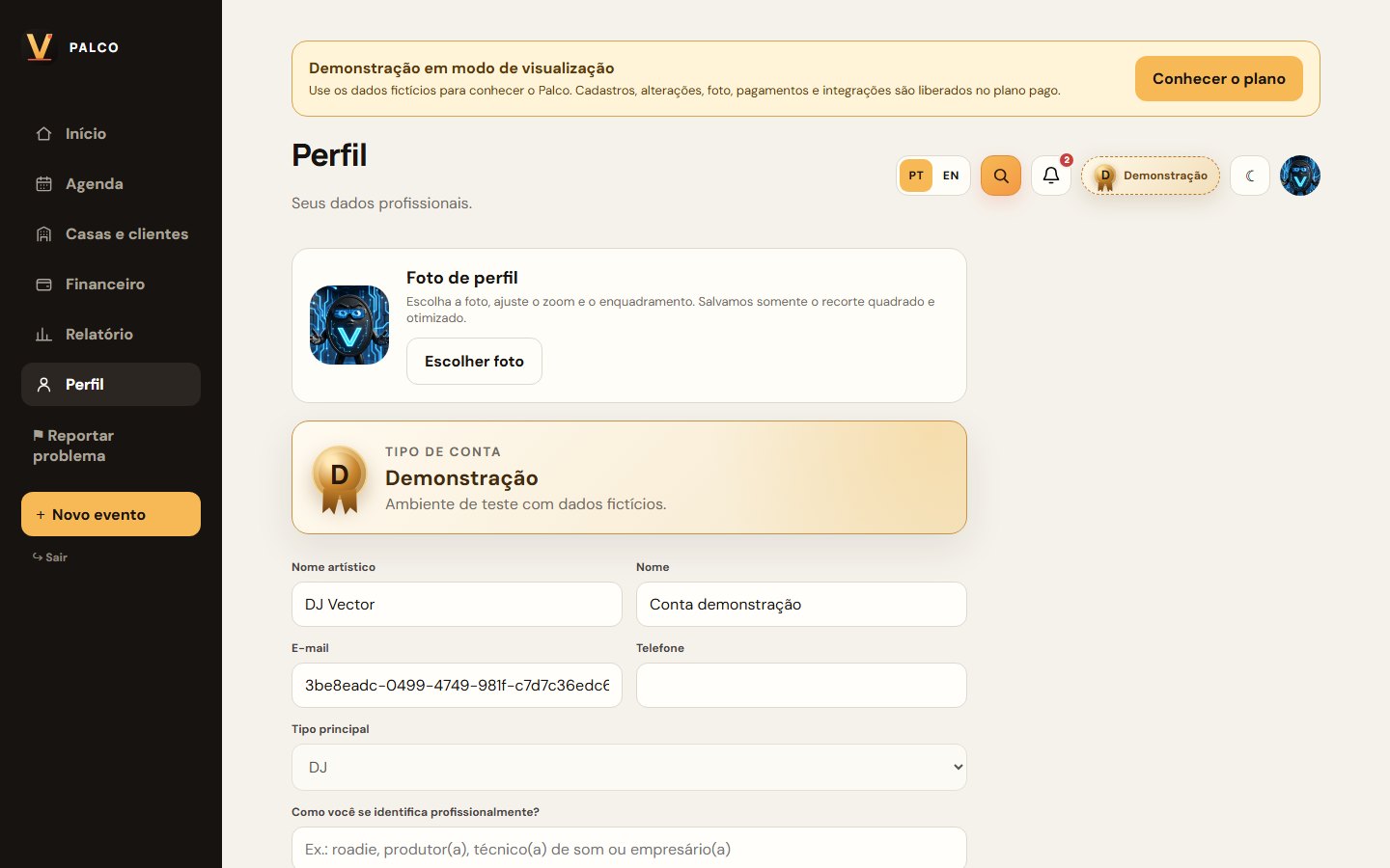 Tela Perfil da demonstração do ViraFrame Palco
