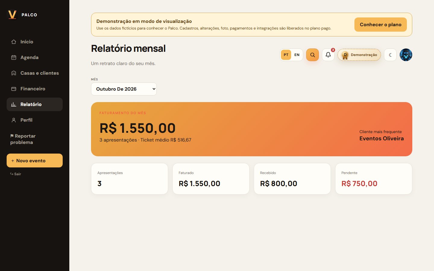 Tela Relatório da demonstração do ViraFrame Palco