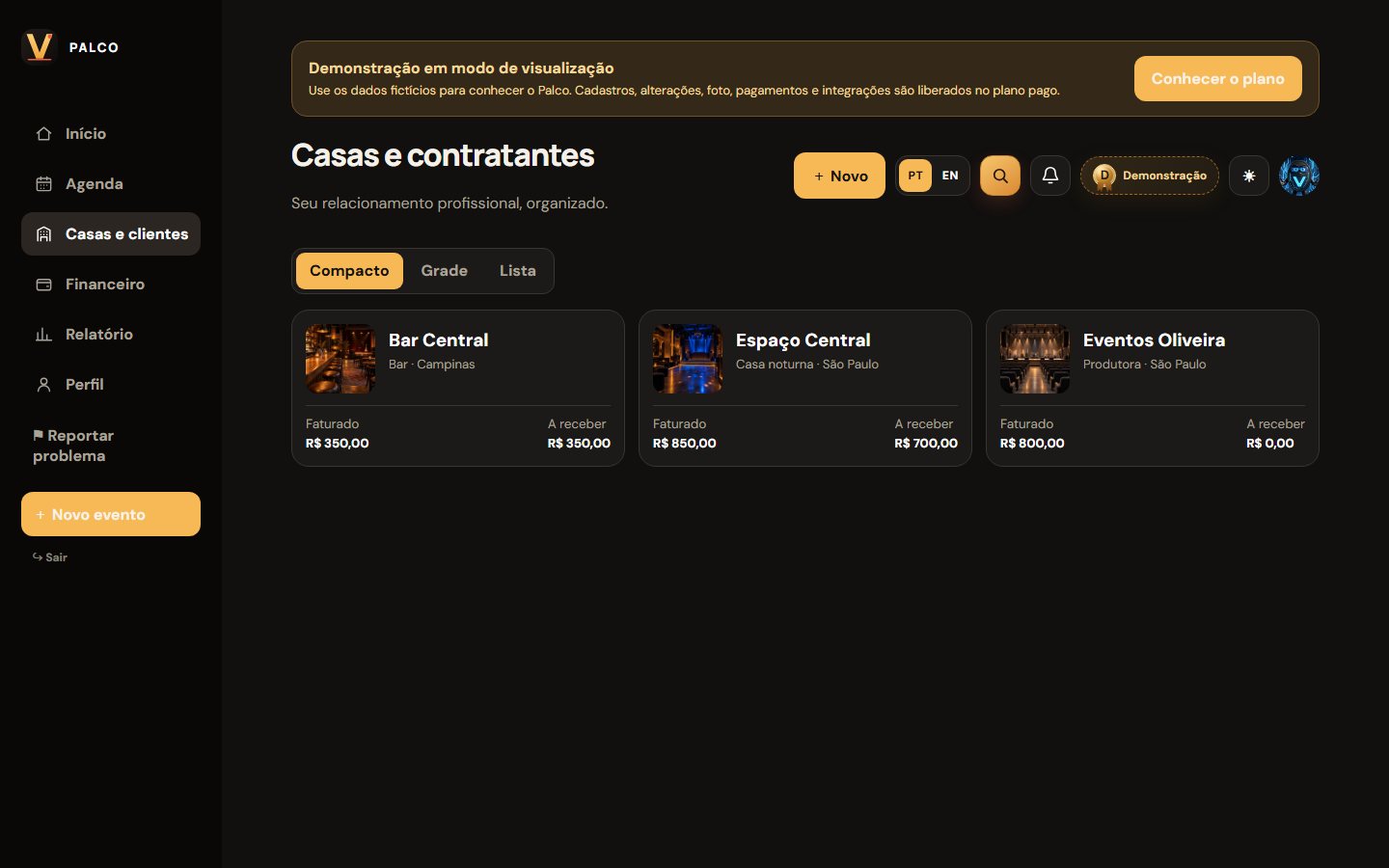Tela Casas e clientes da demonstração do ViraFrame Palco